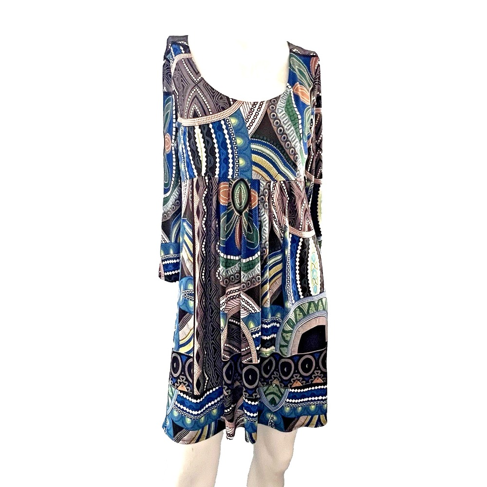 Sunny Leigh Dress Womens L Multicolor Geometric Floral Empire Waist Long Sleeve - Picture 2 of 10
